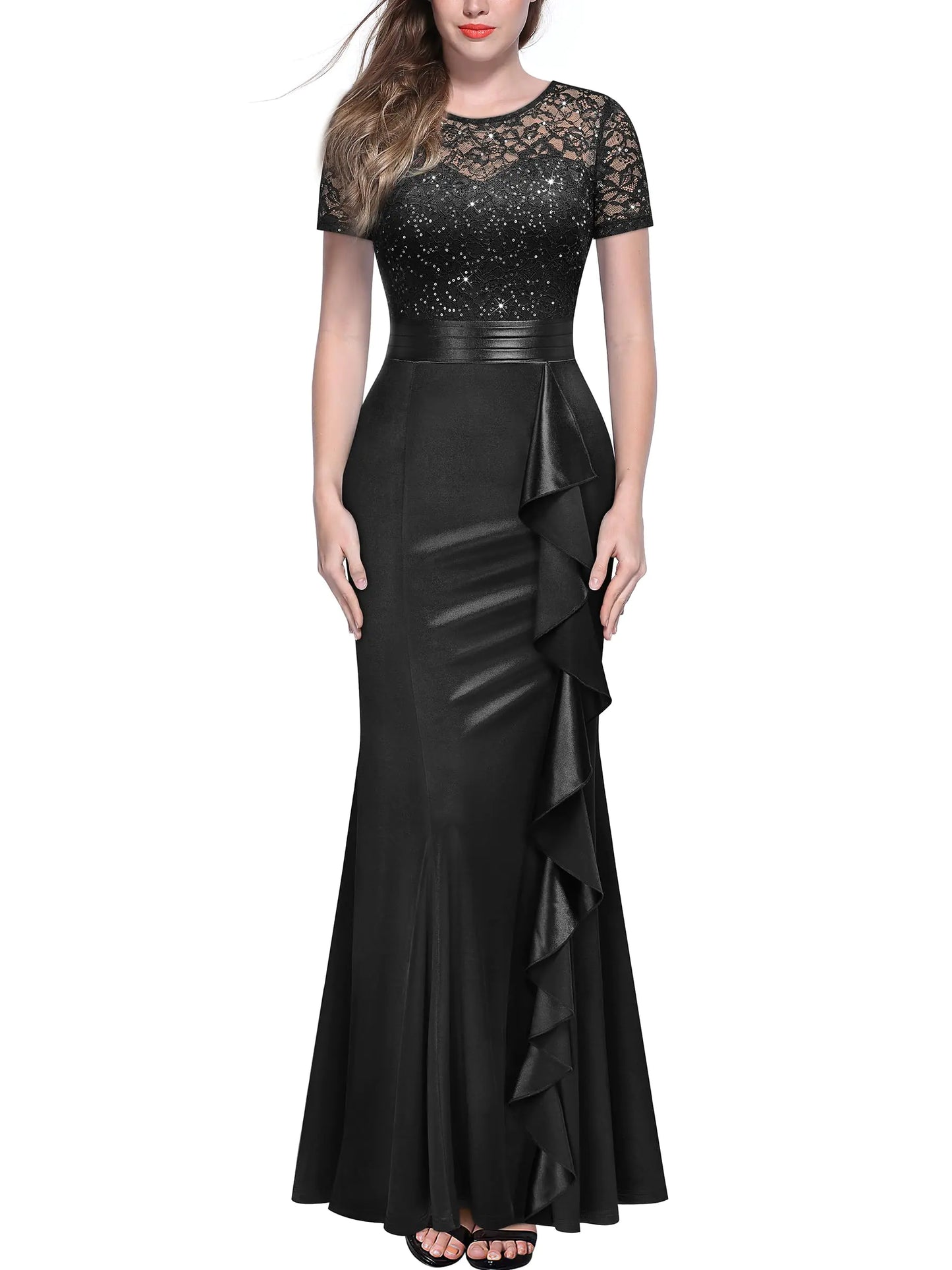 Miusol Womens Elegant Sequin Lace Contrast Ruffle Style Formal Evening Long Dress (Medium Black)