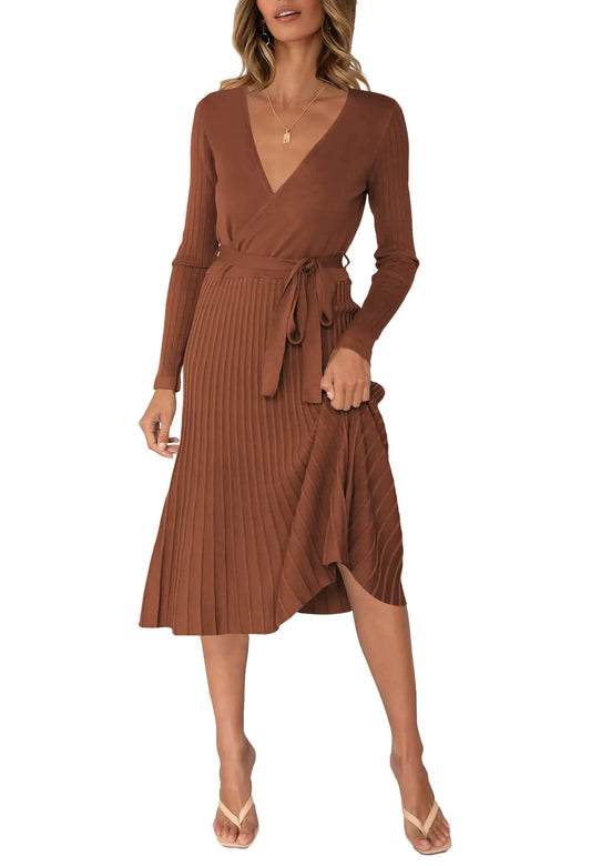 Pink Queen Womens V Neck Sweater Wrap Dress Long Sleeve Elegant Cocktail Flowy Knit Midi Dresses Coffee M