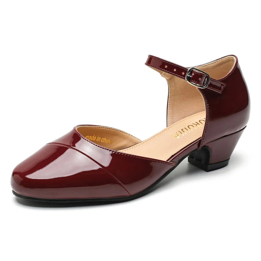 LIURUIJIA Womens Low Heels Dress Shoes Comfortable Closed Toe DOrsay Pumps Ankle Strap Chunky Heels Burgundy PU 44 US 10.5