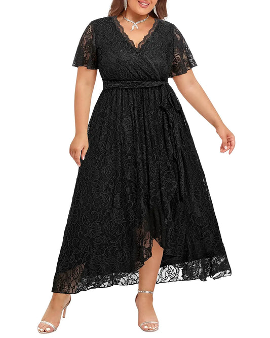Plus Size Dresses Wedding Guest Formal Black Cocktail Lace Fall Funeral High Low Semi Formal Curvy Long Dress