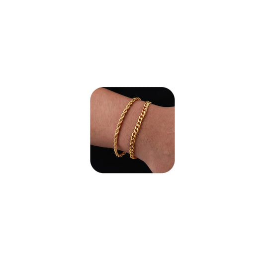 P.BLAKE 2 Pcs Stack Gold Bracelets for Men 14K Gold Plated Cuban Link Rope Chain Bracelet Set Mens Jewelry Gifts Male Him Pulseras Para Hombres