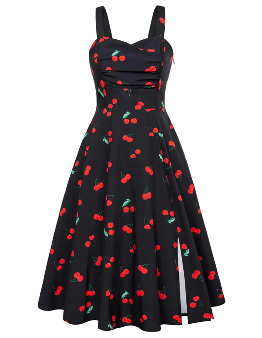 2024 Summer Sleeveless Spaghetti Strap Sundress Vintage Elegant Black Cherry Tea Party Dresses with Pocket Small