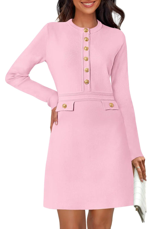 MEROKEETY Womens Long Sleeve Bodycon Sweater Dress Button Crew Neck Elegant Formal Mini Dresses LightPink Medium
