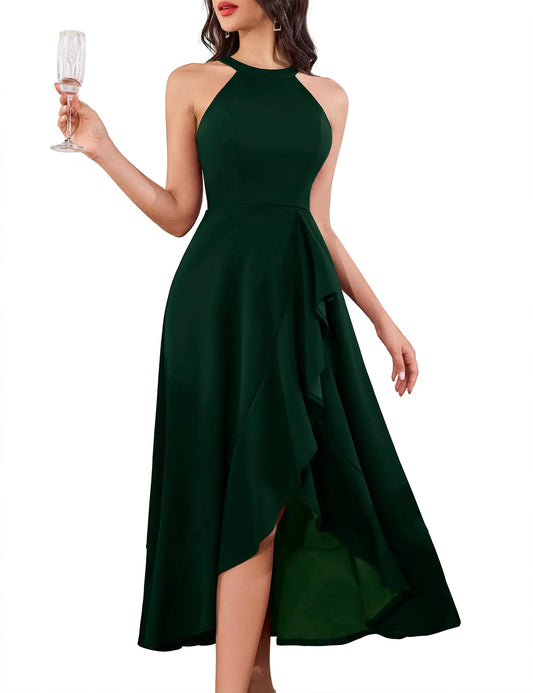 Dressystar Womens Halter Split Hem Party Dress Elegant Long Formal Prom Dress Cocktail Wedding Guest Maxi Dresses LM08 Dark Green M
