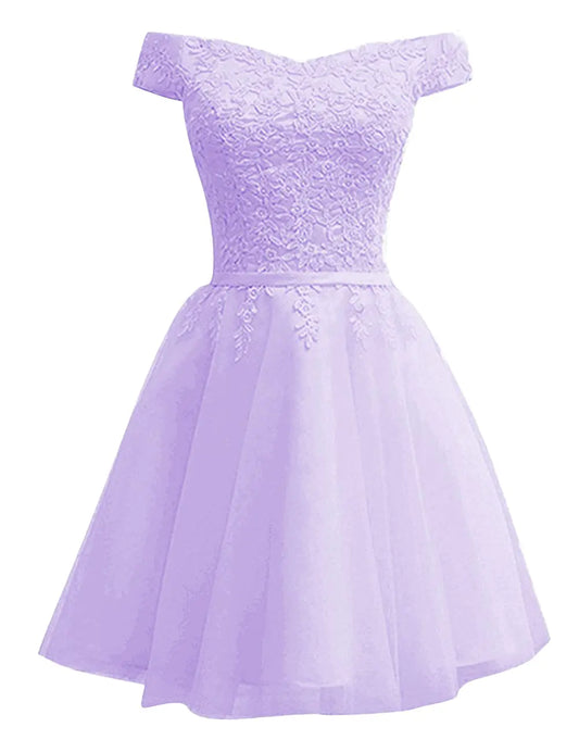 Off The Shoulder Homecoming Dresses Short Lace Lavender Prom Party Gowns Tulle Appliques Mini Cocktail Dress Size 0