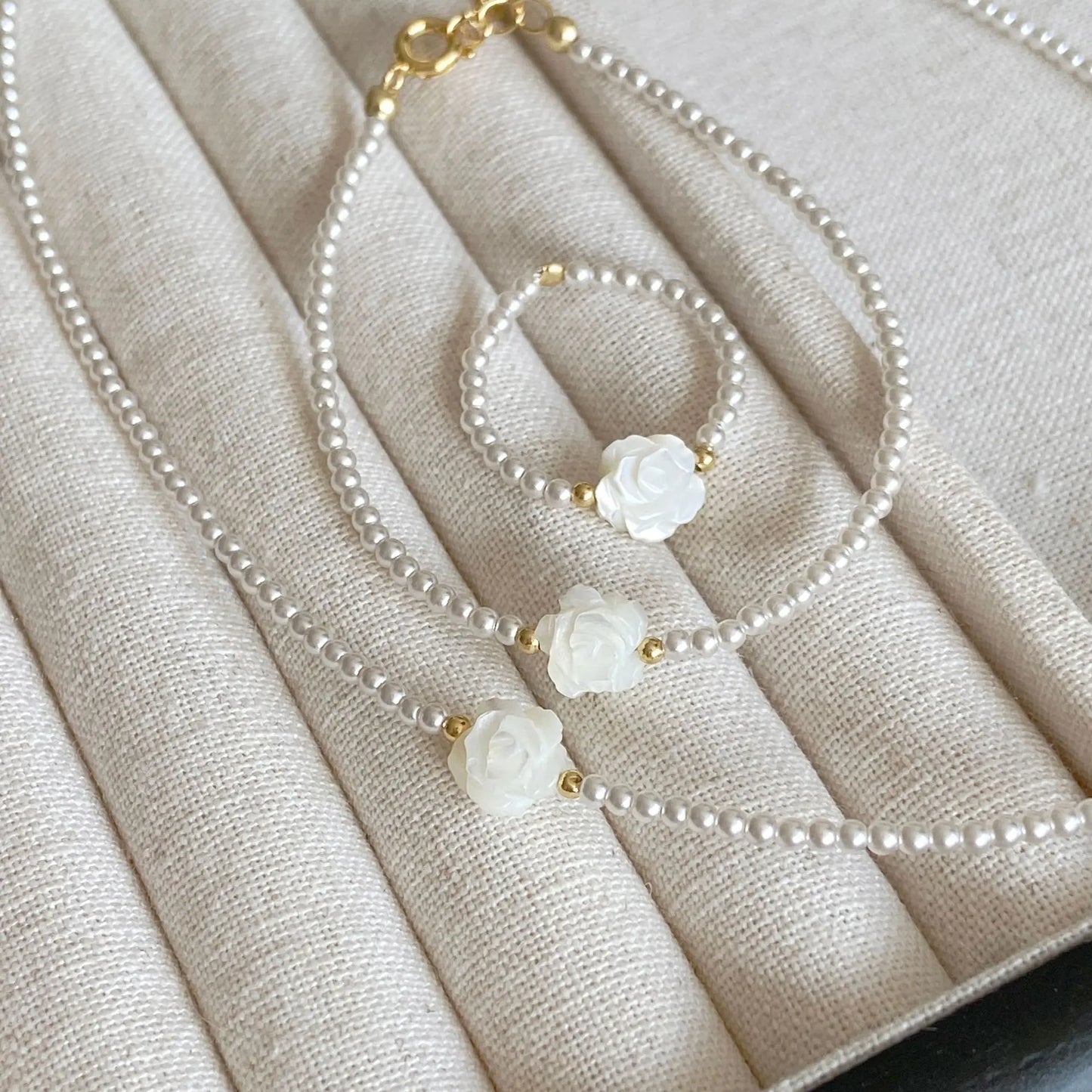 French Vintage Camellia Pearl Jewelry Set with Rose