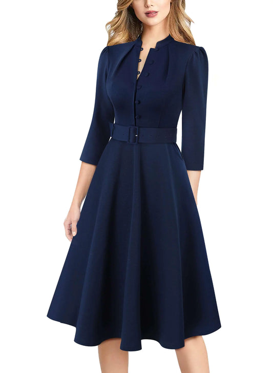 VFSHOW Womens 2024 Winter Work Business Dresses Pockets Midi Belted Buttons Office Church Elegant Fit and Flare A-Line Dress (Navy Blue XX-Large) 11359 BLU XXL