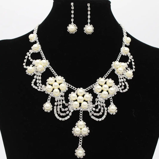 Bridal Pearl Necklace and Rhinestone Jewelry Set