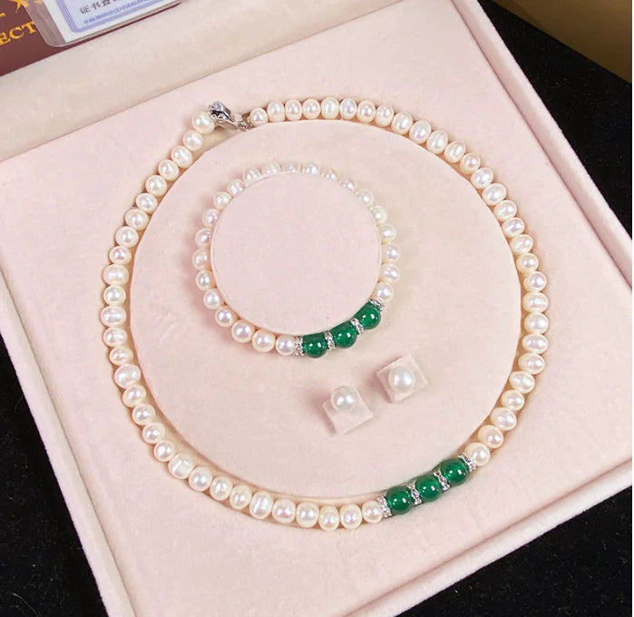 Agate Pearl Jewelry Set: Necklace, Bracelet, Ear Studs