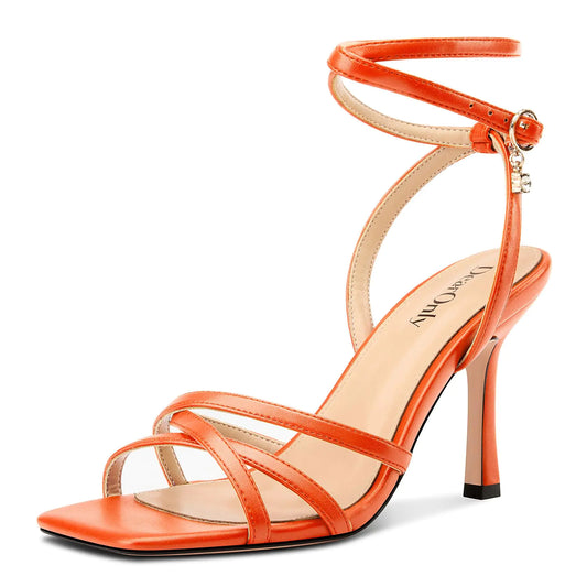 DearOnly Womens Lace up Heels Stiletto High Heeled Sandals Square Open Toe Strappy Heels Prom Party Dress 3.5 Inches Heels Orange Matte 8.5 M US