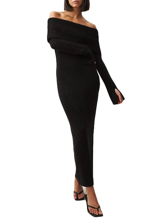 Kwunbwa Womens Off The Shoulder Bodycon Sweater Dress Long Sleeve Elegant Ribbed Cocktail Formal Fall Knit Maxi Dress Black