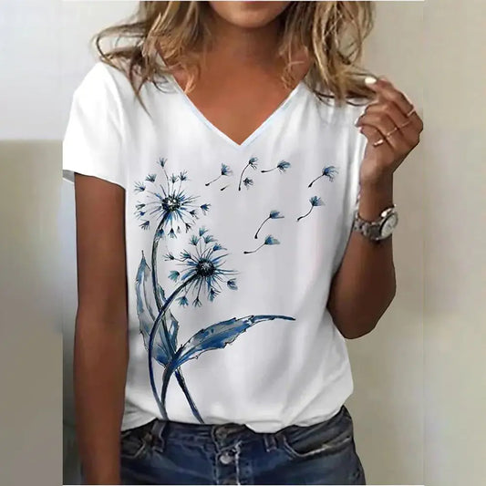 Summer Casual Women's Abstract Floral 3D Print V-Neck Top