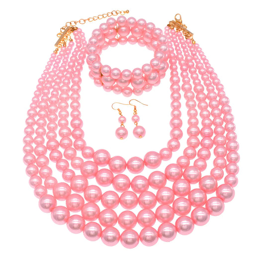 MeliMe Faux Big Pearl Srand Necklaces for Women 5 Layers Pearl Bib Collar Necklace Bracelet and Earrings set 1920s Costume Pearl Jewelry Bridal Wedding gift (pink)