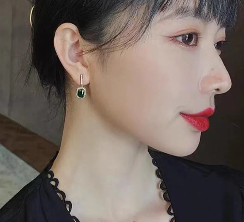 925 Silver Green Emerald Geometric Stud Earrings