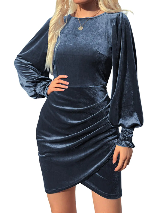 Mieazom Sexy Velvet Puff Long Sleeve Bodycon Elegant Mini Ruched Cocktail Party Formal Prom Dress Blue Grey XL