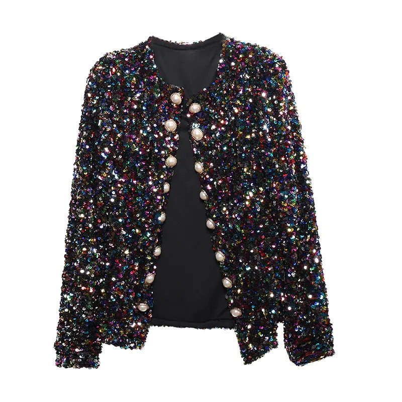 Fashionable Colorful Sequin Blazer with Pearl Buttons