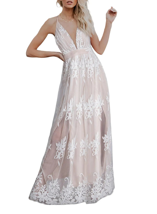 Dokotoo Womens Sexy V Neck Sleeveless Spaghetti Straps Elegant Embroidered High Slit Sheer Mesh Dresses Backless Maxi Long Formal Evening Party Prom Dress Bridesmaid Wedding Guest Dresses White M
