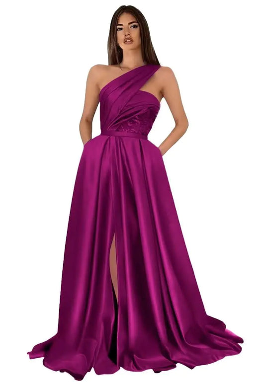 One Shoulder Lace Prom Dresses 2024 Long with Train Lace Satin Ball Gown Formal Dresses with Slit for Women Fuchsia 2