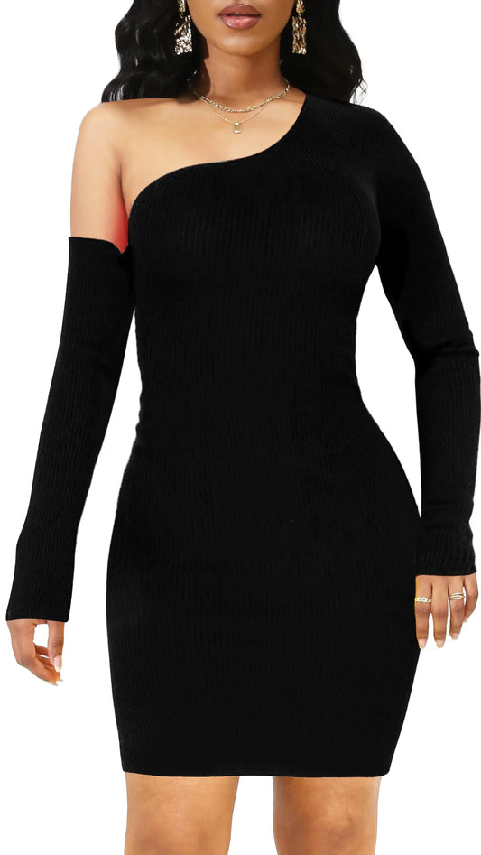 Elegant Black Pullover Sweater Dress for Women Party Night Sexy One Off Shoulder Knit Long Sleeve Winter Knee Length Dresses(Small)