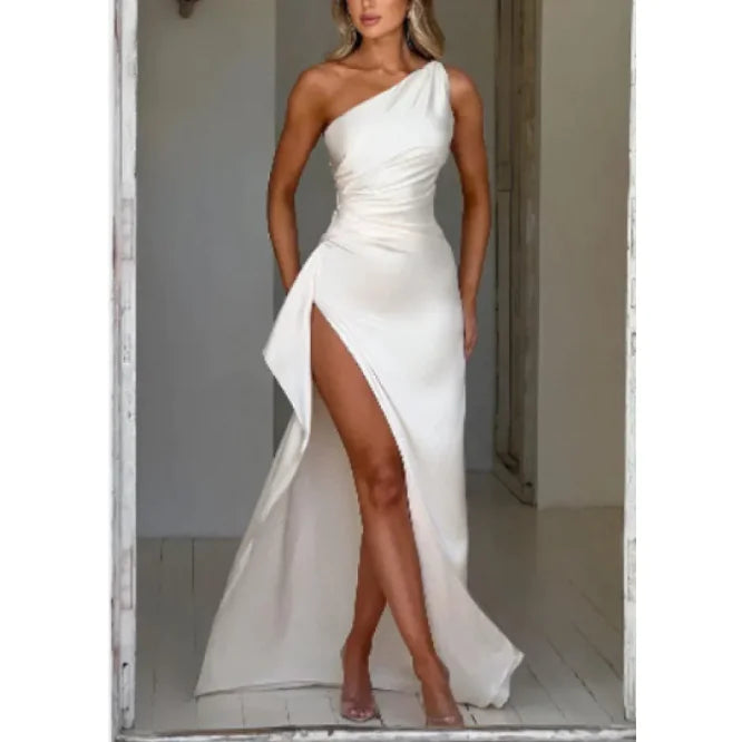 Sexy One-shoulder Backless Slit Dress Summer Elegant Slim-fit Solid Color Satin Dresses For Women