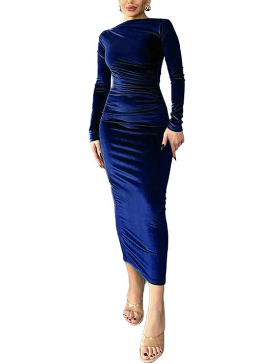 IYICLOTH Womens Velvet Bodycon Midi Dress Long Sleeve Ruched Slim Fit Cocktail Party Dresses Royal Blue
