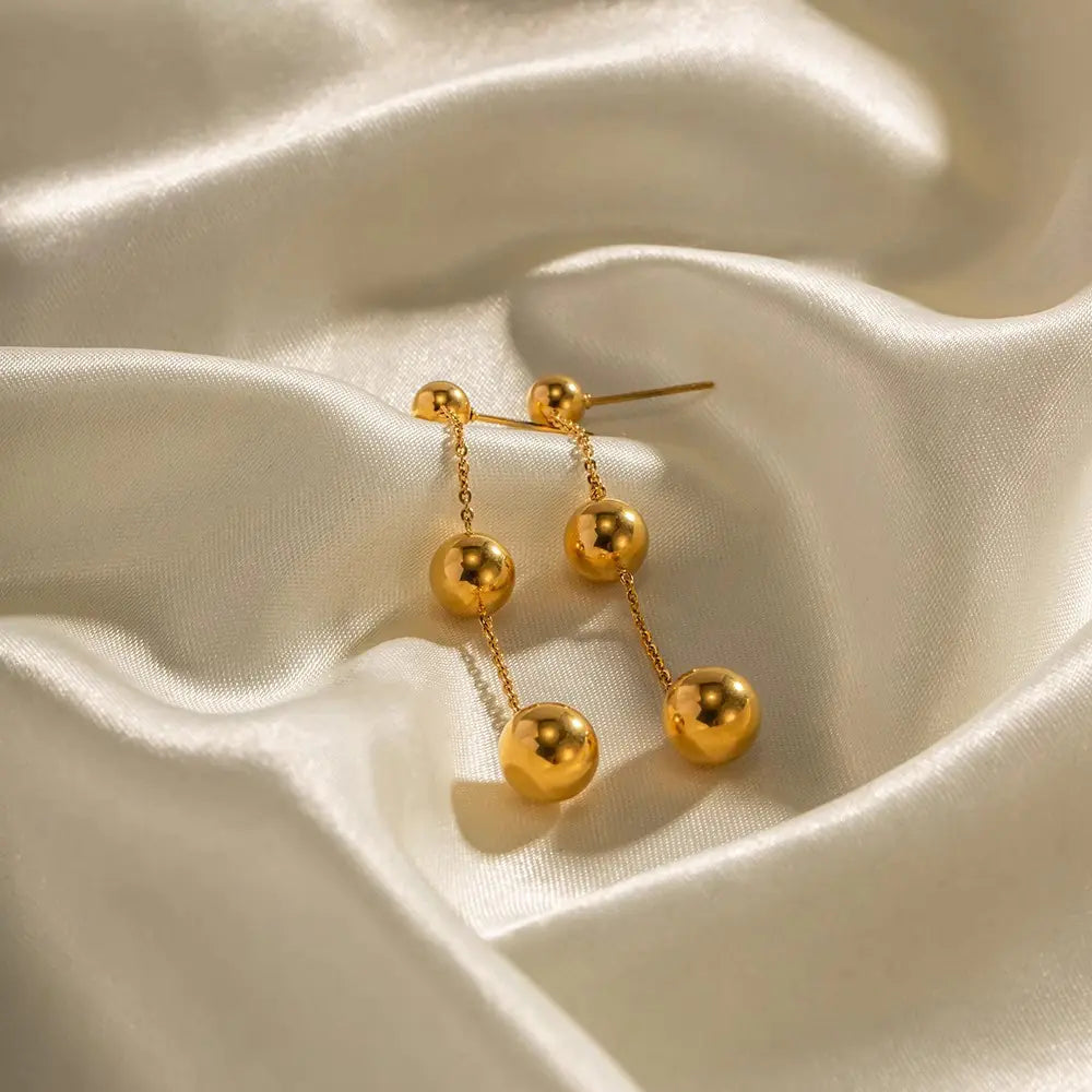 Gold Titanium Steel Round Ball Tassel Earrings