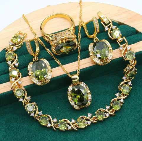 18K Gold Jewelry Set: Pendant, Earrings, Bracelet & Ring