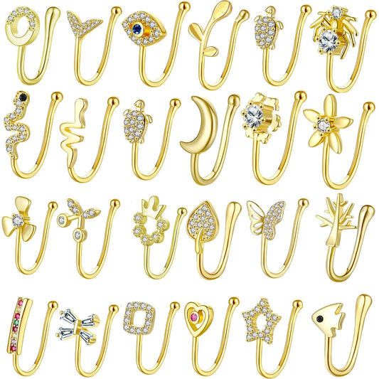 JDXN 24 PCS Fake Nose Rings Set Ear Clips Non Piercing Earrings Inlaid CZ Non Piercing Jewelry Fake Nose Ring Spring Clip on Circle Hoop No Pierced Body Jewelry Set For Women Men (24PCS Gold Plated 3)