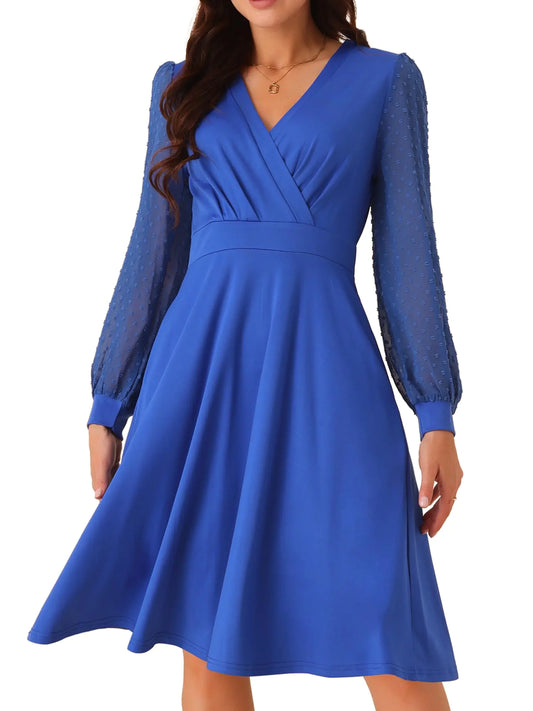 Seta T Womens Long Sleeve Wrap Dresses V Neck Elegant Cocktail Party Work Knee Length Dress with Pockets Small Royal Blue