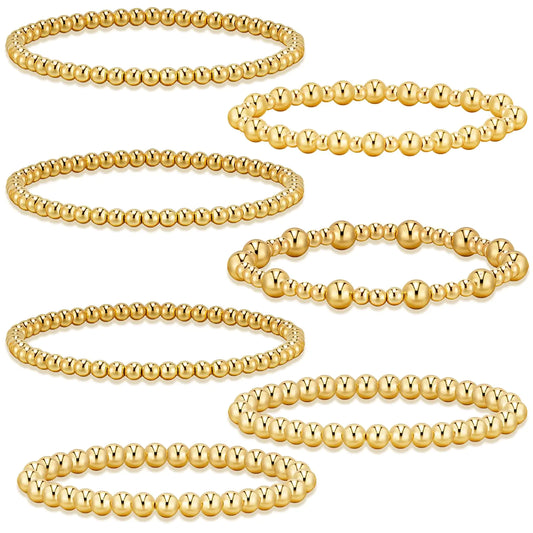 Gvhntk 7Pcs Gold Bracelets for Women Gold Plated Beaded Bracelet Elastic Stretch Bead Ball Stack Set Stretchable Adjustable Gold Jewelry Gifts (Classic)