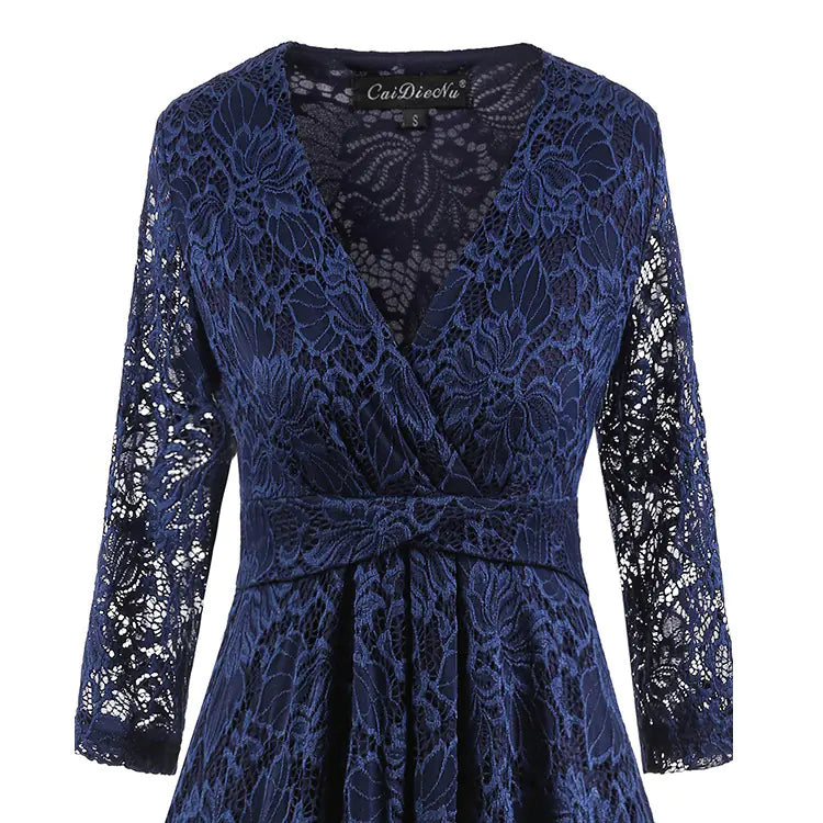 Lace Cocktail Dress with V-Neck, 3/4 Sleeve Design