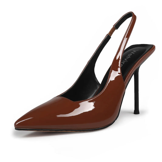 Wetviro Womens Pointed Toe Slingback Heels Brown Patent Leather High Stiletto Heels Pumps Dress Shoes for Women