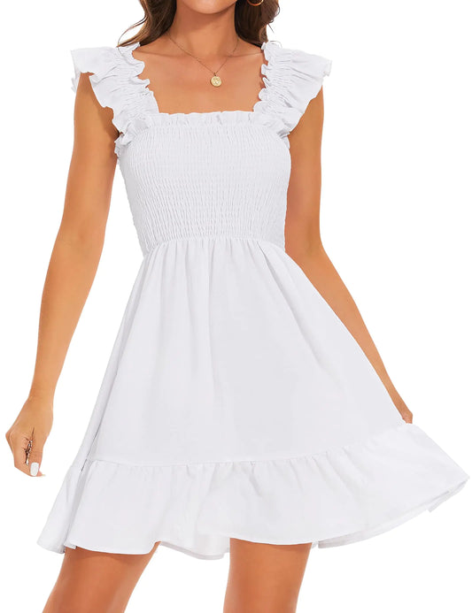ROYLAMP Womens Smocked Dresses Square Neck Elegant Tiered Boho Ruffle Shoulder Swing Flowy Summer Casual Mini Dress White S