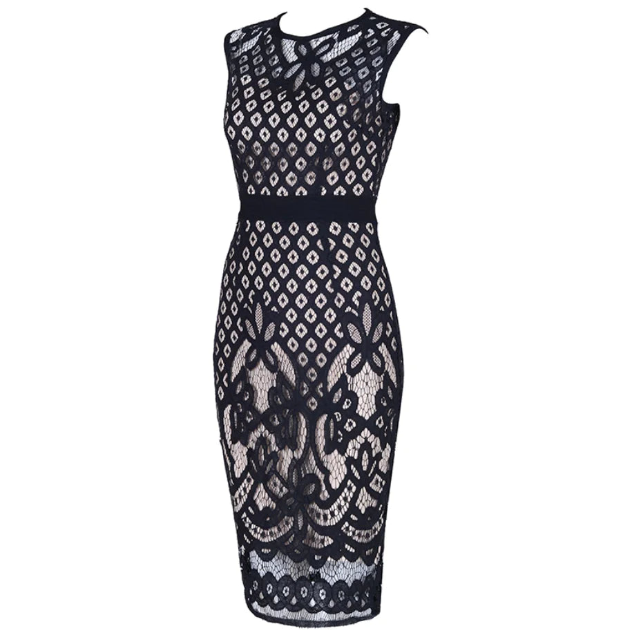 Embroidered Lace Sleeveless Dress with Hollow Design