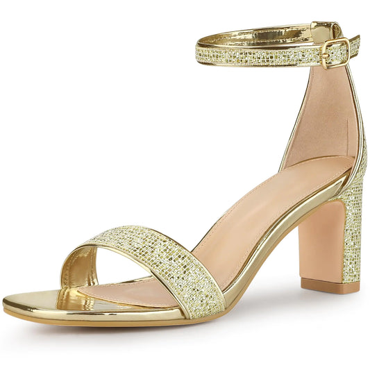 Allegra K Womens Glitter Ankle Strap Block Heels Gold Sandals 8.5 M US