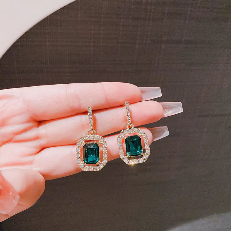 925 Silver Green Emerald Geometric Stud Earrings