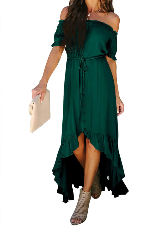 Happy Sailed Elegant Dress for Women 2024 Wedding Guest Cocktail Party Ruffle Hem Flowy Long Maxi Dresses Summer Short Sleeve Off The Shoulder Drawstring High Low Casual Dresses Solid Green Medium