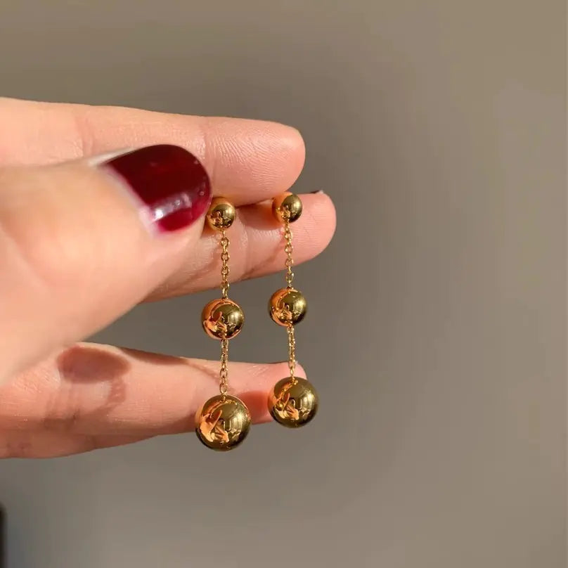 Gold Titanium Steel Round Ball Tassel Earrings