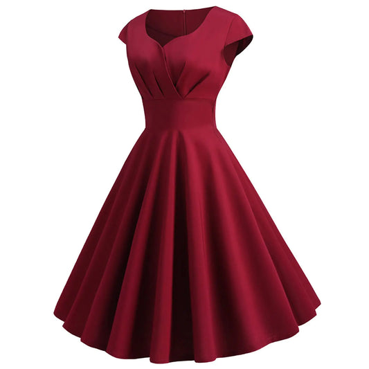 Womens 1950s Vintage Party Dress Cap Sleeve Sweetheart Neck Waisted Midi Dress Fashion Elegant Cocktail Swing Dresses Wine