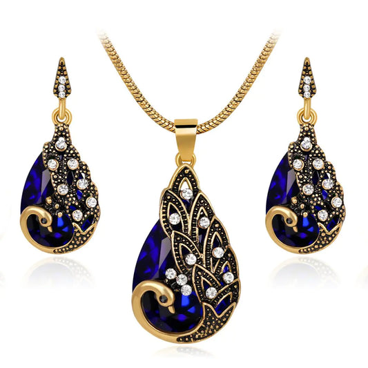 Ezing Women Gift Vintage Gold Plated Blue Peacock Jewelry Set Pendant Necklace Earrings (blue)