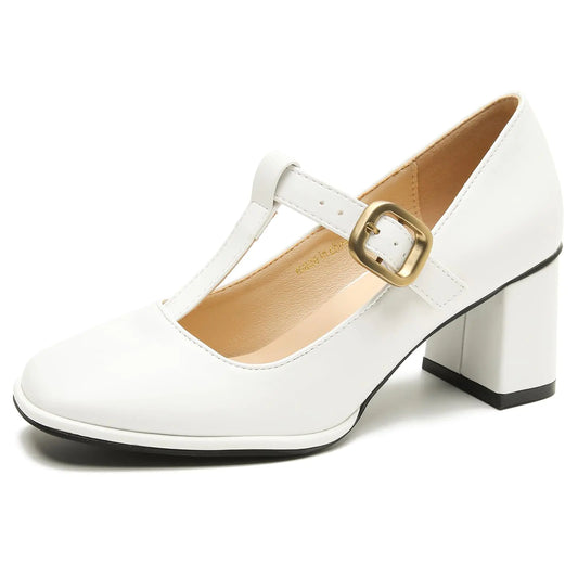 Womens T-Strap Vintage Heels Mary Jane Dress Shoes Block Chunky Heels Office Work Pumps White Matte 44 US 10.5