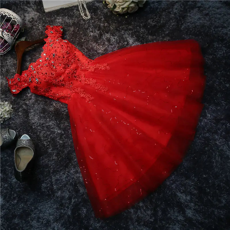 2020 Lace Off-Shoulder Red Cocktail Dress