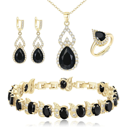 BriLove Wedding Jewelry Set for Women Bride Bridesmaid Gorgeous Cubic Zirconia Teardrop Necklace Earrings Bracelet Adjustable Ring Set Gift for Birthday/Anniversary Black Gold-Tone
