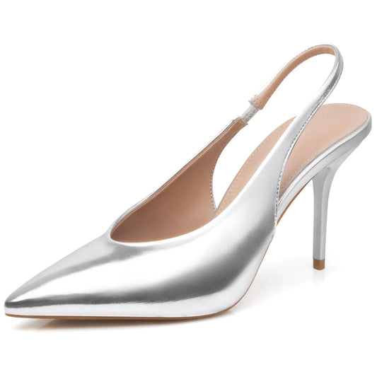 DANAZANA Womens Slingback Stiletto Heels Pointed Toe Pumps Slip on High Heels Stretch Strap Office Wedding Party Prom Dress Sandals Shoes Sliver