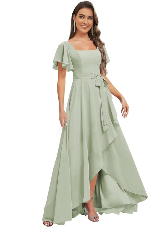 Monvelli Womens Elegant Asymmetrical Bridesmaid Dresses Sage Green Long with Flutter Sleeves Empire Waist Chiffon Semi Formal Dresses for Wedding with Pockets US Size 8