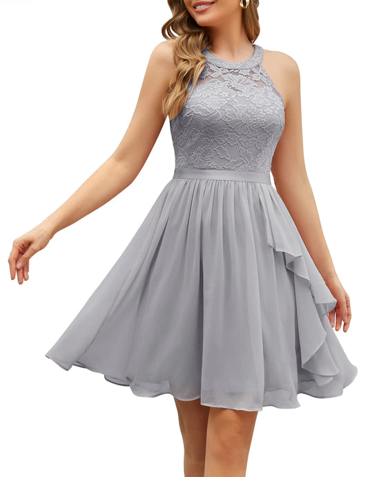 Wedtrend Womens Cocktail Dress Short Bridesmaid Dresses Modest Homecoming Dress for Teens 2024 Ruffle Floral Lace Prom Dress for Party WT0213Grey3XL