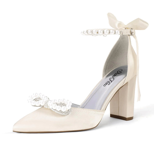 ShowHow Womens Pearl Wedding Shoes for Bride Closed Toe Heels Chunky Block Dress Heels Pointed Toe Rhinestone Pearl Ankle Strap Heels for Bridesmaid Prom Wedding Party Work(Champagne Satin10)