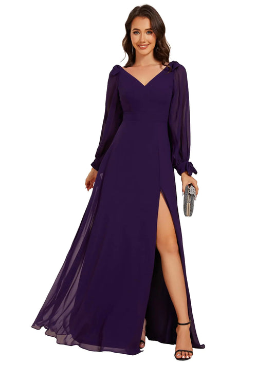Ever-Pretty Womens Elegant Double V Neck Long Sleeve Formal Dress High Waist Split Formal Evening Gowns Dark Purple US8
