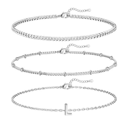 Besalon Silver Bracelets for Women14K White Gold Initial Bracelets for Women Link Charm Silver Bracelet Stack Waterproof Jewelry for Women Trendy Minimalist Simple Bracelet Set Jewelry Gift