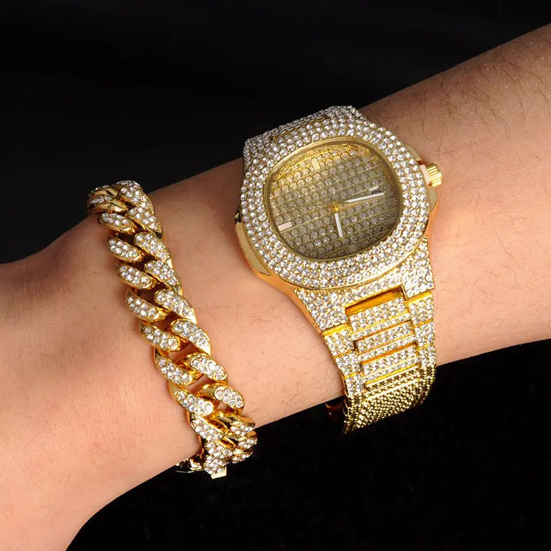 Gold-Plated Hip Hop Men's Jewelry Set with Rhinestones